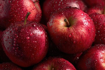 Close-up of several red apples glistening with water droplets.