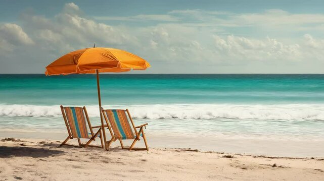 Two striped beach chairs sit under an orange umbrella on white sand facing the turquoise ocean.
Concept of seaside escape, summer relaxation.