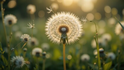 Serene Dandelion Meadow Golden Hour Light and Peaceful Ambiance