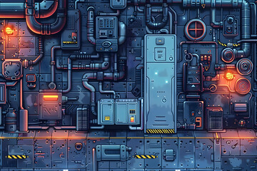 Fototapeta premium Complex Industrial Machinery Structure with Intricate Piping System in Pixel Art Style Metal Panels and a Futuristic Retro Design