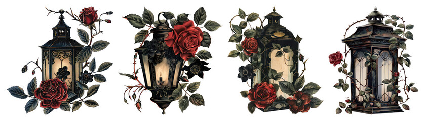 PNG Gothic wedding lantern roses illustration vintage transparent background.