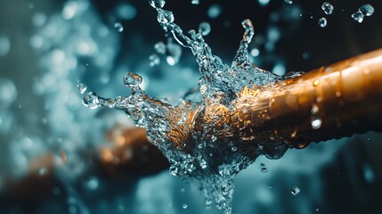 Closeup water splashing from copper pipe burst dramatic teal wet blue flow dark gold drop macro fluid