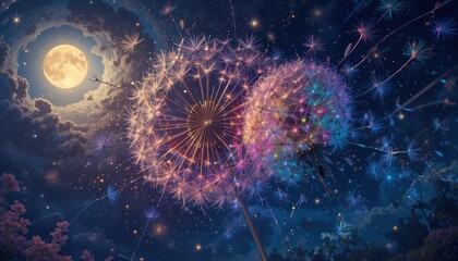 Fototapeta premium Magical Dandelion Wishes A Vibrant Night Sky Illustration