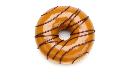 AI image showing a single donut with smooth caramel glaze and a delicate chocolate drizzle, isolated on a white background.