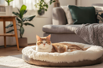 Senior ginger cat relaxing on a soft, heated pet bed in a sunlit living room, enjoying comfort and warmth