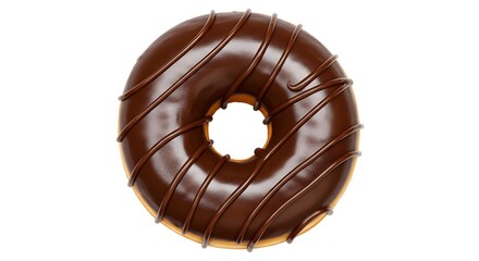 AI image presenting a top-down view of a single donut covered in chocolate icing with a decorative chocolate drizzle pattern.