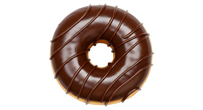 AI image presenting a top-down view of a single donut covered in chocolate icing with a decorative chocolate drizzle pattern.