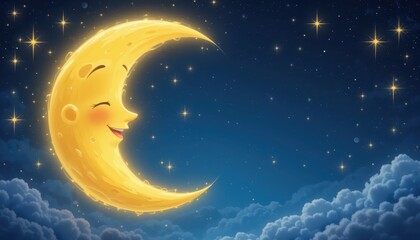 Fototapeta premium Smiling Crescent Moon in a Sparkling Night Sky Whimsical Illustration