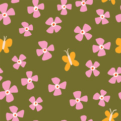 Seamless Pattern with Flowers and Butterflies on Green Background. Hand Drawn Cute Spring and Summer Design
