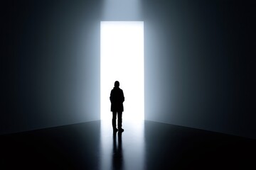 Obraz premium Silhouette of person looking at glowing doorway in dark room, concept of mystery, unknown, future, choice, hope
