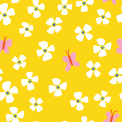 Seamless Pattern with Flowers and Butterflies on Yellow Background. Hand Drawn Cute Spring and Summer Design
