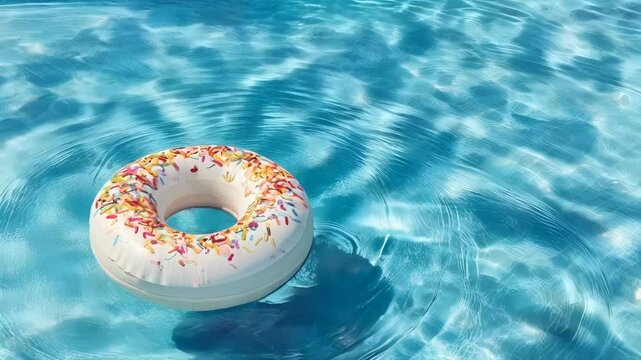 Colorful Inflatable swimming lap float drifts on the clear blue water of a pool, with sunlight reflecting off the surface for a refreshing summer vibe. Summer vacation concept. 