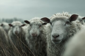 Fototapeta premium A flock of sheep in a field, one sheep is in the foreground looking directly at the camera.