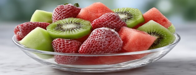 Close-up view of frozen strawberries, kiwi slices, and watermelon chunks displayed in a glass bowl, set against a light blue background, showcasing fresh and vibrant colors.