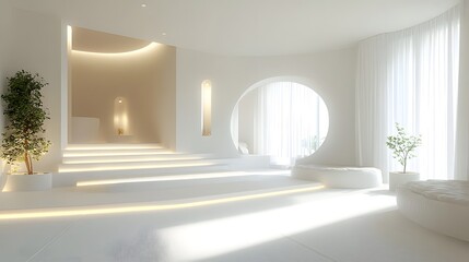 86. A white entryway with minimalist decor and bright lighting
