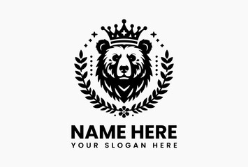 Powerful bear head crowned with honeycomb and clover blossoms, rustic-luxury vector emblem for breweries and organic farms  