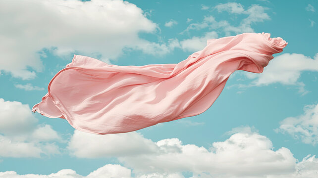 Flowing pink fabric floating against cloudy blue sky