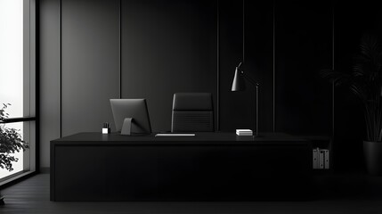 79. A black office with sleek dark furniture and a monochrome color palette
