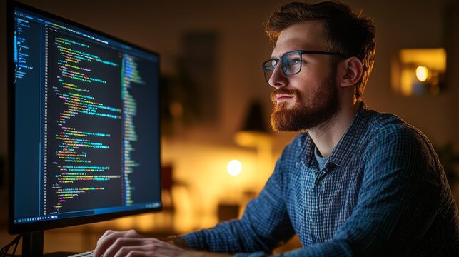 Focused programmer intently reviewing lines of code on a computer screen at night.