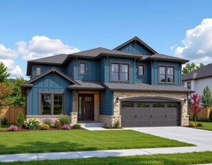this luxurious new construction home features a modern design with blue siding and a natural stone wall, complete with a spacious two car garage.