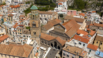 Aerial view of the Cathedral of Amalfi, in the province of Salerno, in Campania, Italy. The church,...