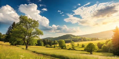Naklejka premium Vibrant landscape under a bright sky showcases lush green fields and tall trees illuminated by the warm glow of the setting sun in a tranquil valley Generative AI