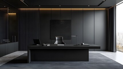 71. A black office with matte black walls, a sleek desk, and minimal decor to maintain a streamlined appearance