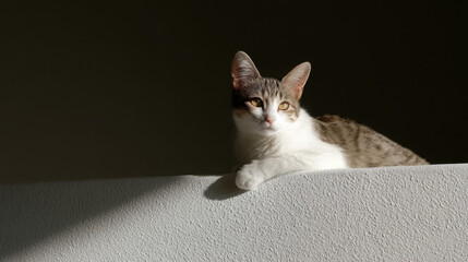 cat illuminated by single beam of light showcasing its expressive face and playful demeanor