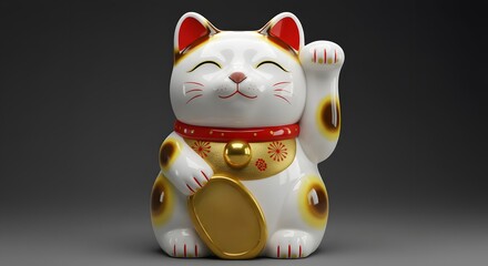 AI image. Realistic 3D render of a traditional Japanese Maneki Neko lucky cat figurine, white with spots, waving paw. Grey background.