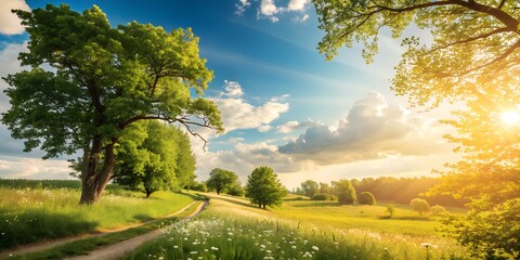 Naklejka premium Basking in the warmth of a golden sunset along a serene path bordered by lush greenery and blooming wildflowers in a tranquil countryside wallpaper background summer sun happy day 