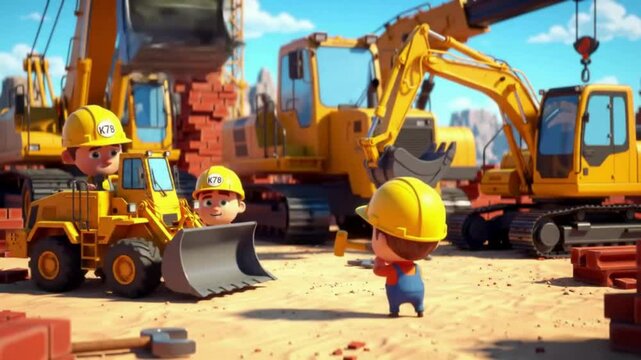Video Tiny Workers, Cartoon construction site scene with cute little workers, A cartoon-style 3D Video depicting a group of cheerful little workers (Lilliputian-style) working on a construction si