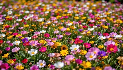 a vibrant meadow filled with a diverse array of colorful flowers, creating a lively and cheerful atmosphere reminiscent of a warm summer day.