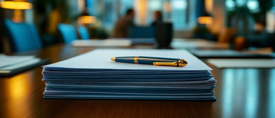 Stack of documents with pen sit on table, suggesting pending approval or review in professional setting.
