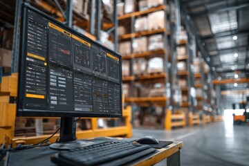 Warehouse inventory management system on a computer screen.