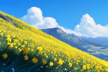 Yellow daffodils blooming on a sunny hillside with mountains and blue sky in the background
