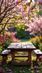 Naklejka premium the empty old wooden table is bathed in sunlight, surrounded by the vibrant colors of blooming spring trees