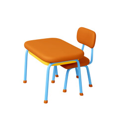 School desk and chair 3d object. Realistic isolated wooden furniture for class or lecture room interior. Place for students, pupils. Rendering vector design