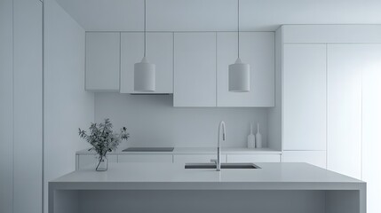 42. A white kitchen with white cabinets, a white countertop, and white fixtures, maintaining a minimalist design