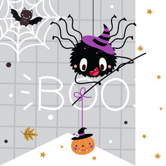 Spider halloween poster. Decorative banner with spider on web with pumpkin, bat and stars. Cartoon children cover design, nowaday vector background