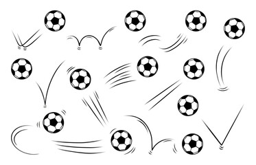 Soccer ball bounces. Flying football sport game balls, cartoon comic actions. Animation elements, workout tools in motion, neoteric vector set © MicroOne