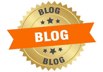 blog. blog round orange and gold label isolated on transparent background