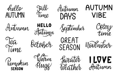 Hello autumn lettering. Fall typography, seasonal quotes hand drawn. Pumpkin season, fall time, sweater weather, warm hugs. Elements for cards, neoteric vector clipart