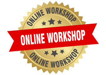 online workshop. online workshop round red and gold label isolated on transparent background