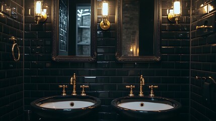 35. A black bathroom with matte black tiles, dark fixtures, and a black-framed mirror