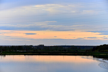View of the mouth of the Kostroma River at sunset.