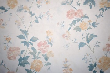 Soft pink and yellow flowers and blue green leaves create a delicate pattern on this vintage wallpaper, adding a touch of elegance to any design