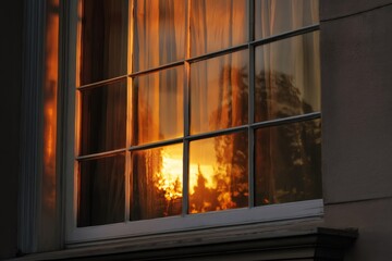 Warm orange glow of setting sun reflected on a multi paned window with curtains, creating a cozy evening atmosphere