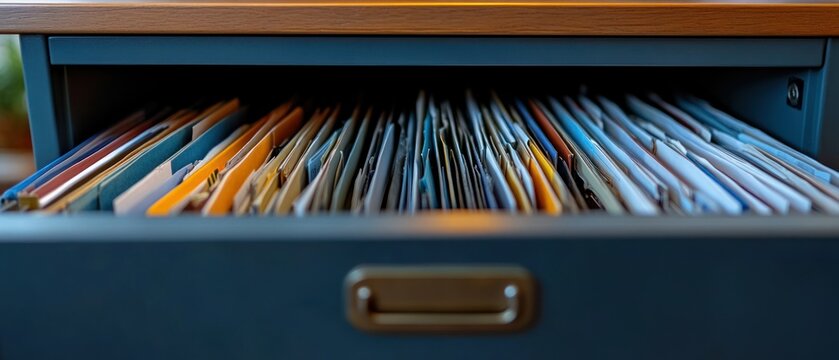File drawer contains organized paper files, symbolizing administrative management within office.