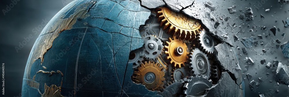 Poster Cracked Globe Revealing Inner Factory Gears Representing Global Supply Chain Vulnerabilities and Industrial Complexity Generative AI