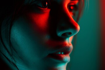 Close up of a young woman's face partially illuminated by soft blue and red lights, creating a dramatic and colorful play of shadows
